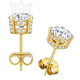 KRKC Moissanite Earrings, Lab Grown Diamond Stud Earrings for Women, 14K Gold Plated Sterling Silver, Regal Crown Design, 2 Carat D Color VVS1, Hypoallergenic, Gift for Wife, Mom, Her