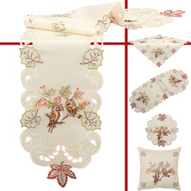 Quinnyshop - Owl Leaf Embroidery Tablecloth Approx. 85 x 85 cm Square Table Linen Look Polyester Cream / Ecru