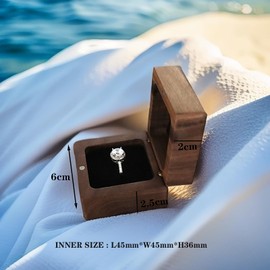 mens ring bearer holder box Single and double slots for wedding proposal engagement ceremony vintage unique square 1and2 slots small ring case low profile antique wood ringbox(Velvet black lining）