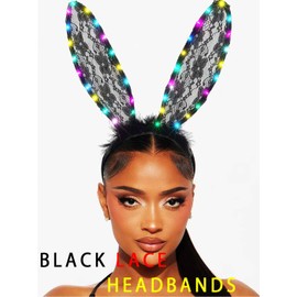 Foyte Black Bunny Ears Headband Light Up Lace Rabbit Headpiece Glowing Fluffy Headbands Long Ears Hair Accessories for Women Masquerade