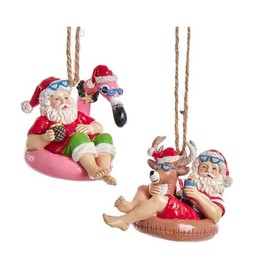 Kurt S. Adler Beach Santa on Flamingo and Reindeer Floats Christmas Holiday Ornaments Set of 2