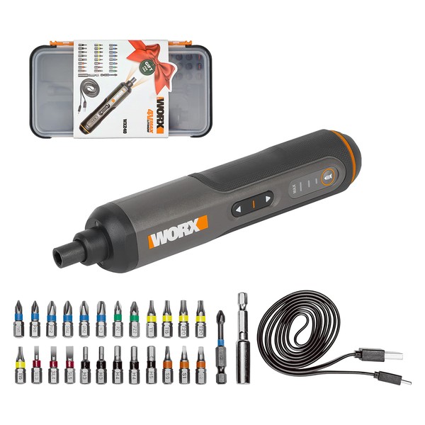 WORX WX240 Electric Screwdriver, Small Screwdriver Set, 5 Nm, Forward and Reverse Switching, 3 Levels of Torque Adjustment, Includes 25 Bits and 1 Bit Adapter, LED Light, USB Charging, Type-C Cable,