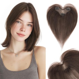 Hairro Human Hair Toppers For Women Wispy Thin Short Wiglet Hairpieces Natural No Bang Middle Part Side Bangs Hair Clip 11 Inches 14.5g #02 Dark Brown