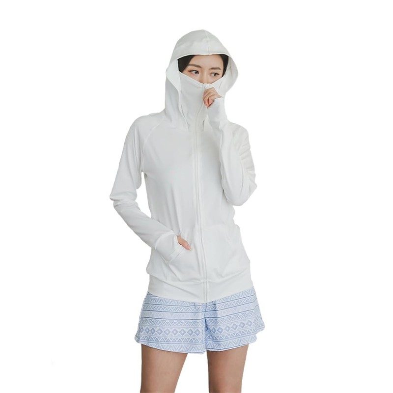 [KOUKOUCOCO] UVラッシュガード ハイネック帽子舌付きUVカットラッシュガード (JP, アルファベット, L, ホワイト)