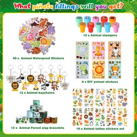 Pasimy 95 Pcs Jungle Safari Party Favors Include Wild One Piñata Stick Blindfold Zoo Animal Stickers Forest Slap Bracelets Stampers Temporary Tattoo Keychains for Jungle Safari Birthday Party Supplies