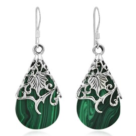AeraVida Floral Vine Ornated Teardrop Green Malachite .925 Sterling Silver Earrings | Green Teardrop Earrings for Women | Sterling Teardrop Earrings | Gifts for Women