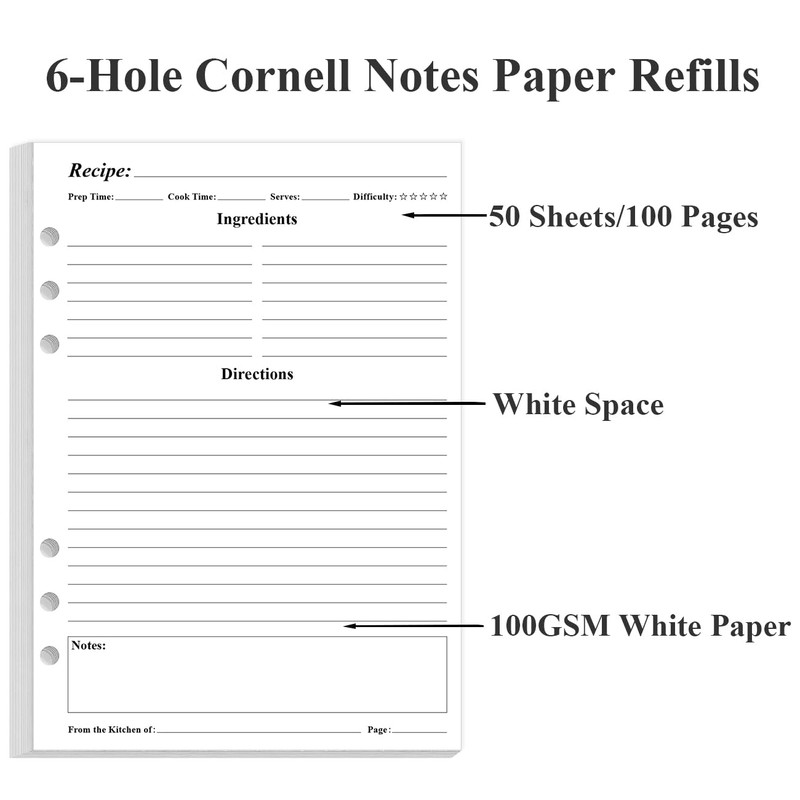 Blank Recipe Paper for A5 Binder - 6 Hole Recipe