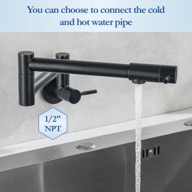 ZTT Matte Black 360° Swing Arm Sink Kitchen Faucet Wall Mount Pot Filler Folding