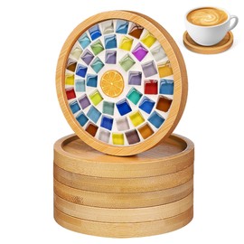 KALLORY Set of 6 Round Bamboo Coasters Mosaic Design Cup Mat Table Protection Thick Decorative Coasters for Kitchen Home Beige