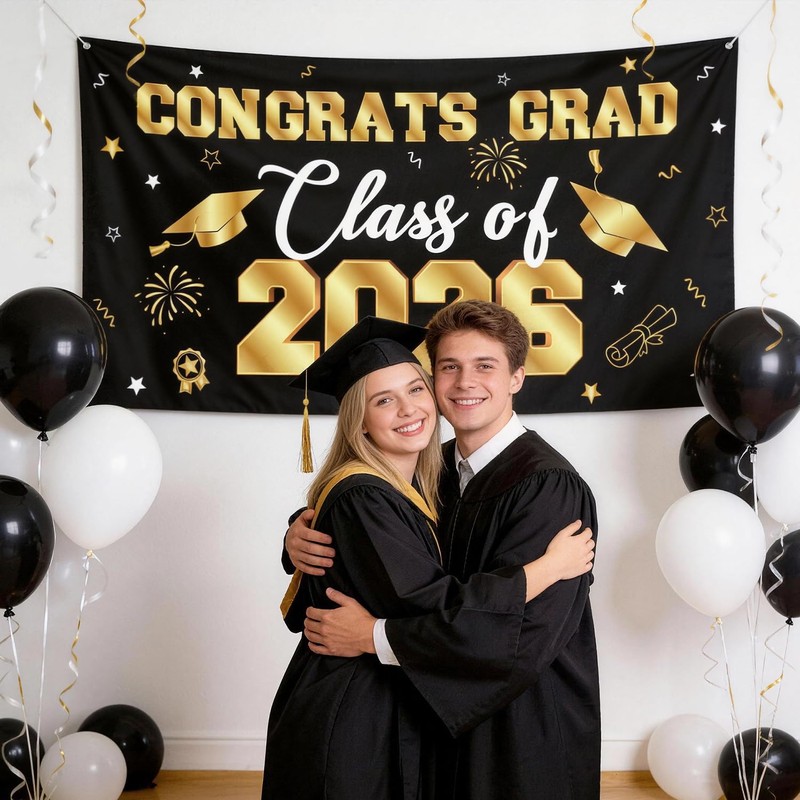 Graduation Decorations 2026 Black and Gold, Graduation Backdrop Banner 71