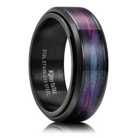 King Will Mens 8mm Stainless Steel Rings Anxiety Fidget Spinner Ring Black Plated Purple Green Galaxy Sand Inlay Spinning Wedding Bands Comfort Fit, Size 10