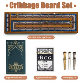 Wooden Cribbage Board Game Set, Travel Cribbage Board with Storage and Collapsible, with Magnetic Lock / 9 Metal Pegs/Full Deck of Cards, Family Board Games for Kids and Adults