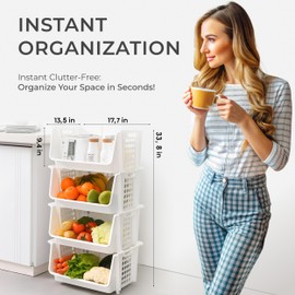 TidyFriend Plastic Stackable Bins for Pantry, 4-Pack Large Stacking Bins Open Front, Toy Organizers, Kitchen, and Bathroom Essentials (White)