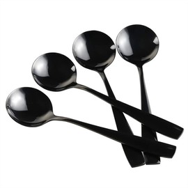 Teyyvn 16-Piece Round Soup Spoons, Black Stainless Steel Bouillon Spoon