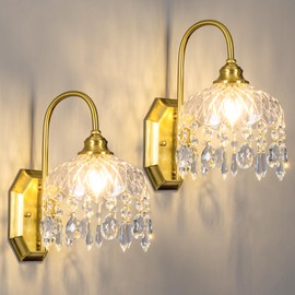 JXJYHL 2-Pack Vintage Wall Sconce,Glass Crystal Wall Sconce,Matte Brushed Antique Brass Finish Set of Two for Bedroom Bathroom Hallway Living Room Decor
