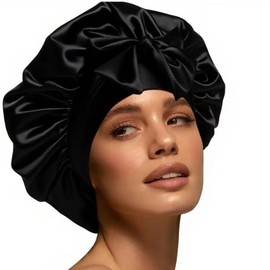 Silk Bonnet for Women, Satin Bonnet for Sleeping, Large Sleep Cap with Elastic Tie Band for Curly Hair (Black)