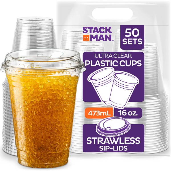 16 oz Clear Plastic Cups with Strawless Sip-Lids [50 Sets] PET Crystal Clear Disposable 16oz Plastic Cups with Lids - Crystal Clear, Durable Cup - BPA Free + Crack Resistant, for Coffee, Juice, Shakes