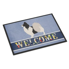 Caroline's Treasures BB8322JMAT Papillon Welcome Doormat 24x36, Blue Front Door Mat Indoor Outdoor Rugs for Entryway, Non Slip Washable Low Pile, 24H X 36W
