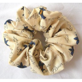Blue Fleur de Lis on Ivory Cotton Hair Scrunchy-Small - Made in the USA
