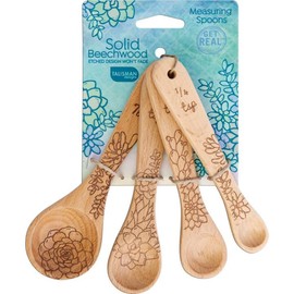 Talisman Designs Laser Etched Beechwood Measuring Spoons | Set of 4 | Succulent Design | Natural Wooden Measuring Spoons Set | Cute & Functional Kitchen Tools