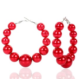 Imitition Pearl Hoop Earrings Colorful Pearl Beaded Circle Dangle Drop Earrings for Women Elegant Jewelry-red