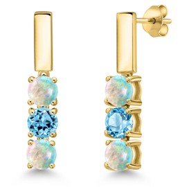 Gem Stone King 18K Yellow Gold Plated Silver Simulated White Opal and Swiss Blue Topaz Drop Dangle Earrings For Women | 1.65 Cttw | Gemstone October Birthstone | Round Cabochon 5MM