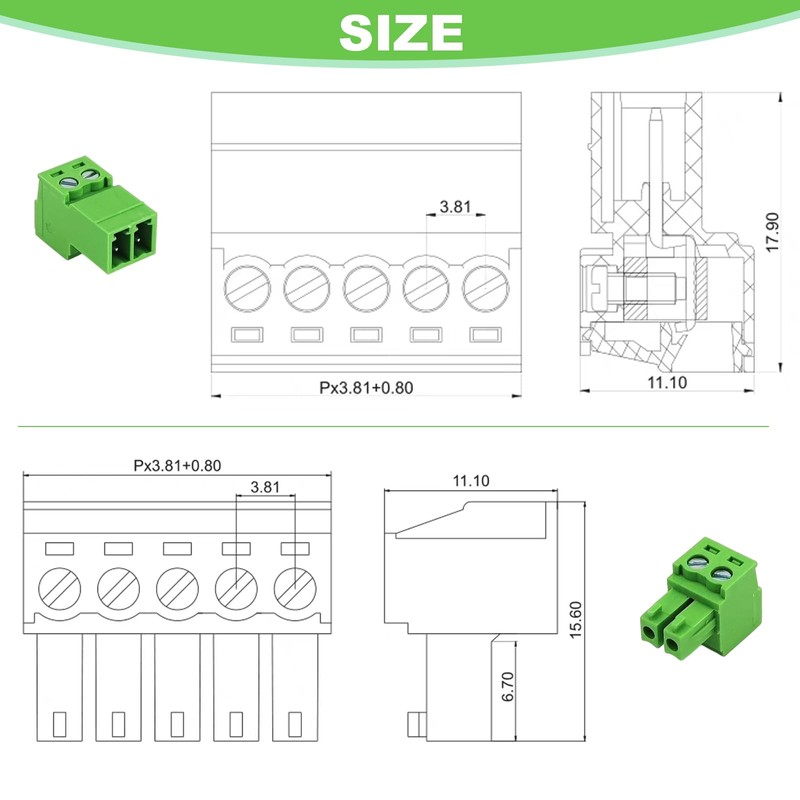 5 Sets 3.81 mm/0.15 in 2 Pins Solderless Connection Pluggable