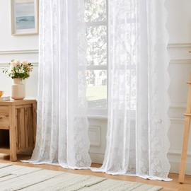 FOLKSIDE White Lace Curtains 96 Inches Long 2 Panels Vintage Floral Curtains for Living Room Victorian Lace Sheer Curtain Rod Pocket Light Filtering French Large Window Drapes for Dining Room, 52x96