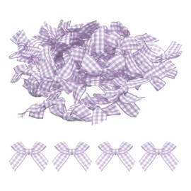 MECCANIXITY 50Pcs Mini Gingham Ribbon Bow Checkered Fabric Satin Ribbon Flower Bows for Craft DIY Sewing Wedding Birthday Party Light Purple and White