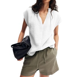 SUNNOW Womens Frill-Trimmed Blouse V Neck Flowy Shirts (US, Alpha, Large, Regular, Regular, White)