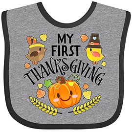 inktastic My First Thanksgiving- Autumn Birds, Pumpkin Baby Bib Heather and Black 331ab