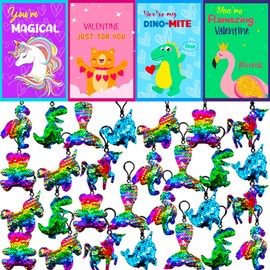 CAMIRUS 28 Pack Valentines Day Cards for Kids, Glitter Flip Sequin Keychains Unicorn Dinosaur Keychain with Valentines Greeting Cards for Valentines Party Favor, Valentine Classroom Exchange Prizes