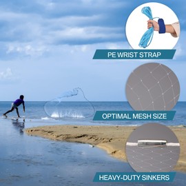 Yeahmart American Saltwater Fishing Cast Net for Bait Trap Fish 10ft Radius Casting Nets with Heavy Duty Real Zinc Sinker Weights, 3/8inch Mesh Size