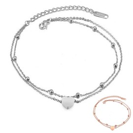 Kim Johanson stainless steel women's anklet set, heart in silver and rose gold with a strong lobster clasp, boho jewellery, adjustable incl. jewellery pouch, Stainless Steel, Silver