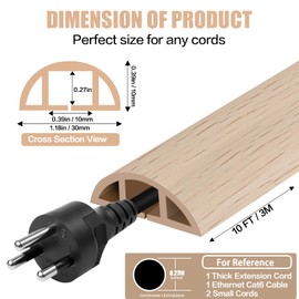 Floor Cord Cover Self Adhesive Cord Hider Floor 10FT Floor Cable Management Power Cord Protector Floor Electric Cord Covers for Offices, Gym, Exhibitions, Cable Cavity:0.39"(W) x 0.27"(H) Yellow Wood