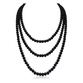 Black Long Pearl Necklace for Women Layered Faux Pearl Beads Strand Necklace Costume Jewelry, 69",Diameter Pearl 8MM