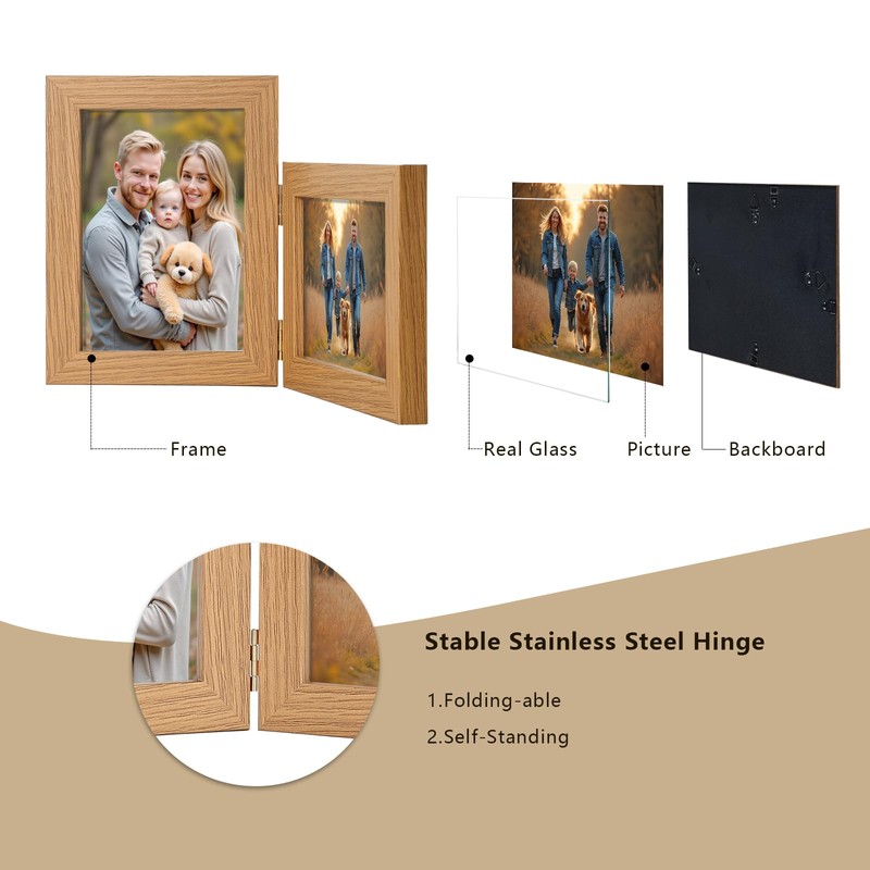 Epecfan 5x7 Double Hinged Picture Frame - WoodGrain Foldable Photo