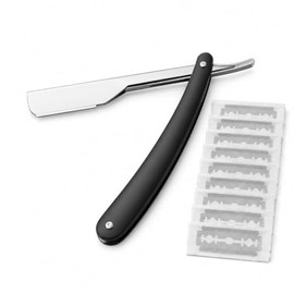 Porta Navajas Profesional para Barbero con 10 Navajas de Repuesto, Shavette Plegable para Afeitado de Barba, Perfilado de Contornos y Peluquería, Diseño Ergonómico (Negro)