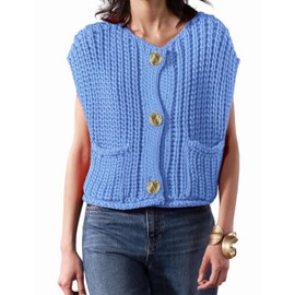 Meyhad Women's Sleeveless Knit Cardigan Casual Button Down Cropped Knitted Sweater Vest with Pockets (0911-Blue-L)