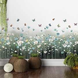 2 Sheets Blue Daisy Wall Sticker White Flowers Wall Decals DIY Peel and Stick Butterflys Firefly Wall Stickers for Kids Girls Bedroom Living Room Bathroom Nursery Window Door Office Skirting Lines