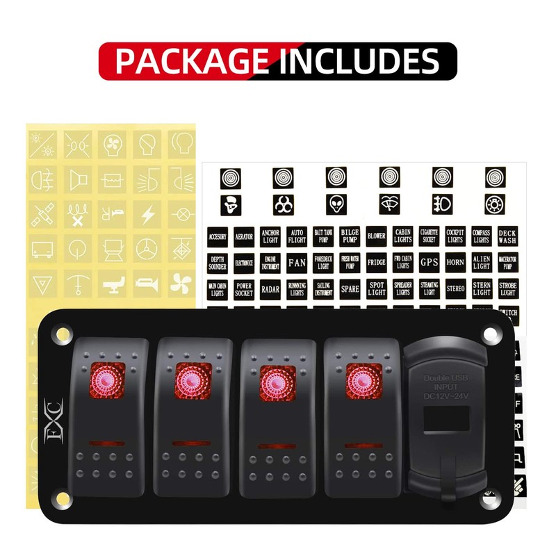 FXC 12V 24V DC 4 Gang Rocker Switch Aluminum Panel