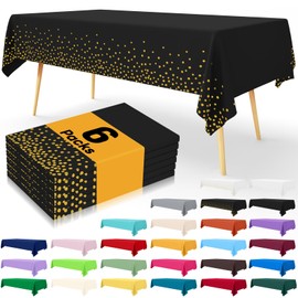 Smiry Disposable Table Cloth - 6 Pack, 54 x 108 Inch Table Cloths for Parties, Decorative Tablecloths for Rectangle Tables, Waterproof Plastic Table Cover, Leakproof & Sturdy, Black & Gold