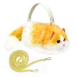 HUIJUFU Realistic Puffy Plush Cat Shaped Crossbody Handbag for Women（Yellow and white）
