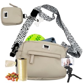 Ron Paws Dog Walking Crossbody with Treat Pouch & Tripod - Hands-Free Storage with Phone Holder, Poop Bag Dispenser, Hook for Used Poop Bags & Training Features (Beige)
