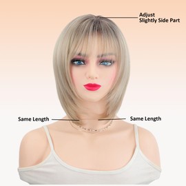 Webshaiy Layered Bob Wig with Fringe, Short Straight Wig with Undetectable Matte Fibres for Thinning Hair Daily Wear, Chemo Safe Lightweight Synthetic Mommy Wigs for Mature Women Ombre Light Blonde