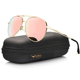 Aviator Sunglasses for Womens Polarized Pink Mirror by LUENX - UV 400 Protection Gold Frame 60mm