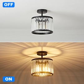 OKELI 9.8" Small Crystal Chandelier Semi Flush Mount Ceiling Light, Modern Black Round Crystal Chandeliers Ceiling Lights Fixture for Hallway Bedroom Living Room E26