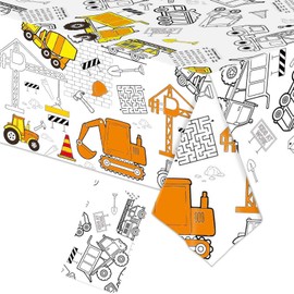 Giant Construction Coloring Tablecloth - 54"x108" Disposable Paper Table Cover Poster with Excavators, Dump Trucks, and Cranes for Kids Birthday Decorations, DIY Creative Activity Party Favors