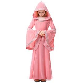DENCTORAM Girls Medieval Dress Renaissance Cosplay Costume Witch Gown Dress Hooded Retro Medieval Costumes Kids