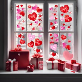 NEBURORA 348 Pcs Valentine's Day Window Clings PVC Stickers 12 Sheets Valentine Hearts-Shape Window Glass Decal for Valentine's Party Decorations